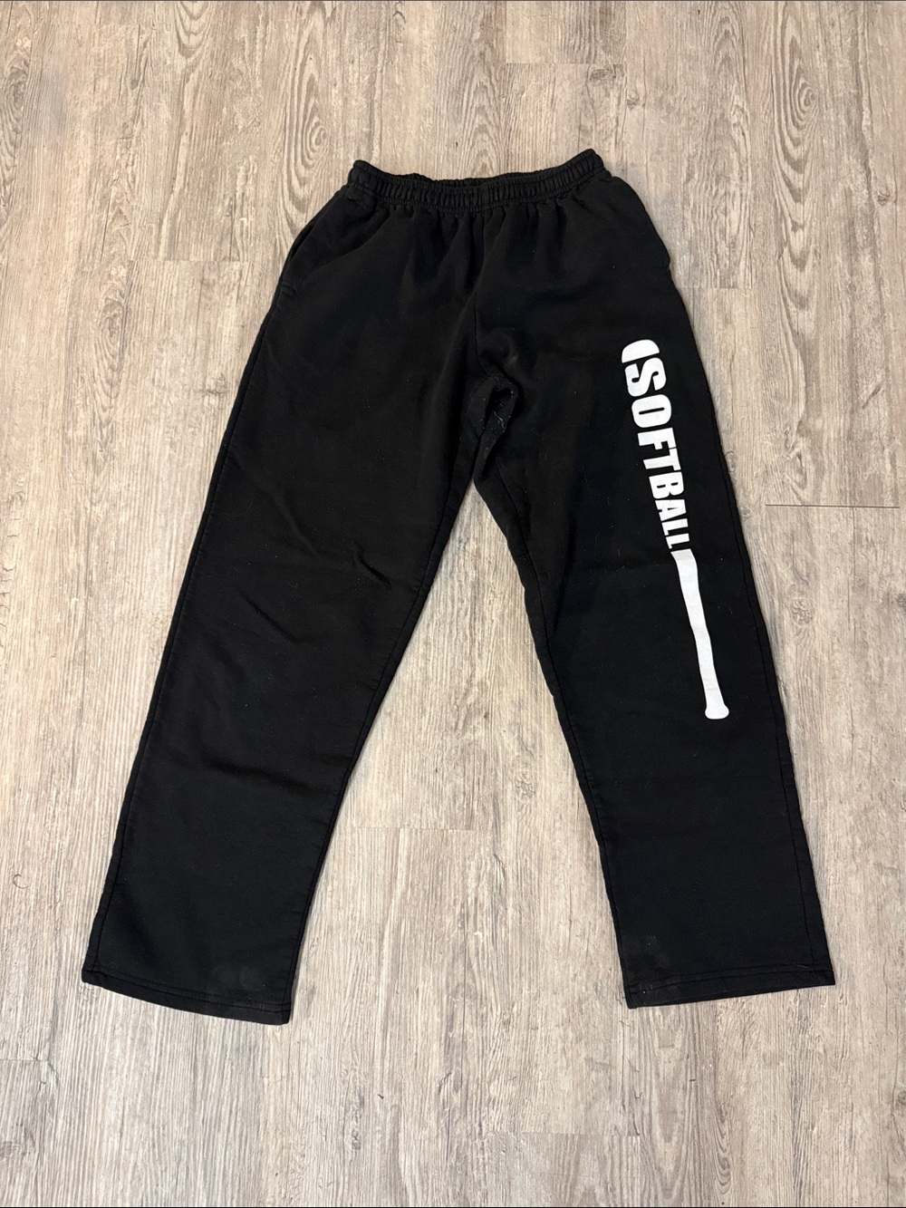 Black Wide-Leg Sweatpants with 'Softball' Graphic